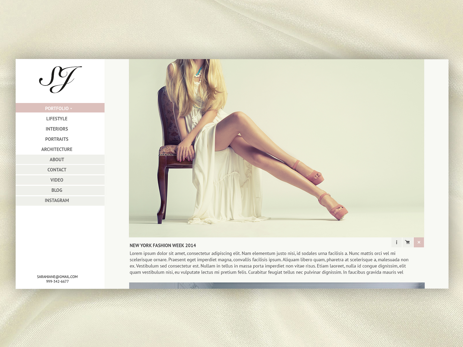 Photography portfolio with a left navigation and a collection of images in the center-right area. The portfolio image on screen is of a woman sitting on a chair. Her legs are exposed. The entire portfolio is superimposed on a silk texture.