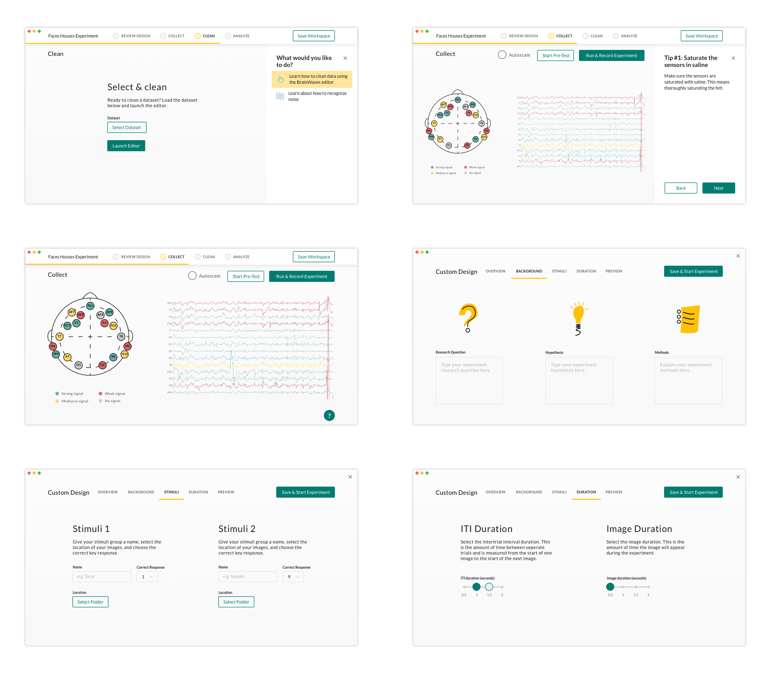 A series of high fidelity mockups of the BrainWave Application, in particular the Clean, Collect and Custom Design screens.