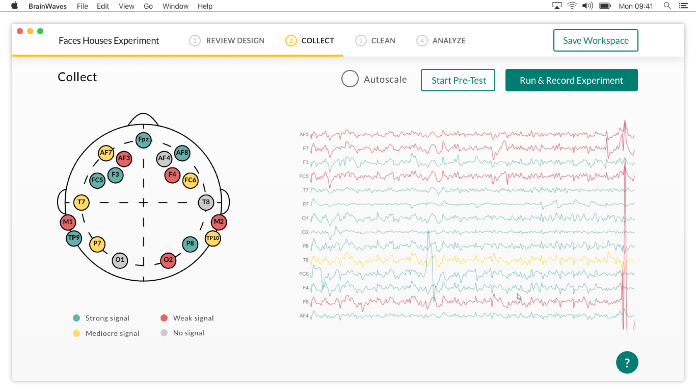 A high fidelity mockup of the BrainWave App's Collect Screen. Includes a top navigation, an EEG head plot and a raw data stream.
