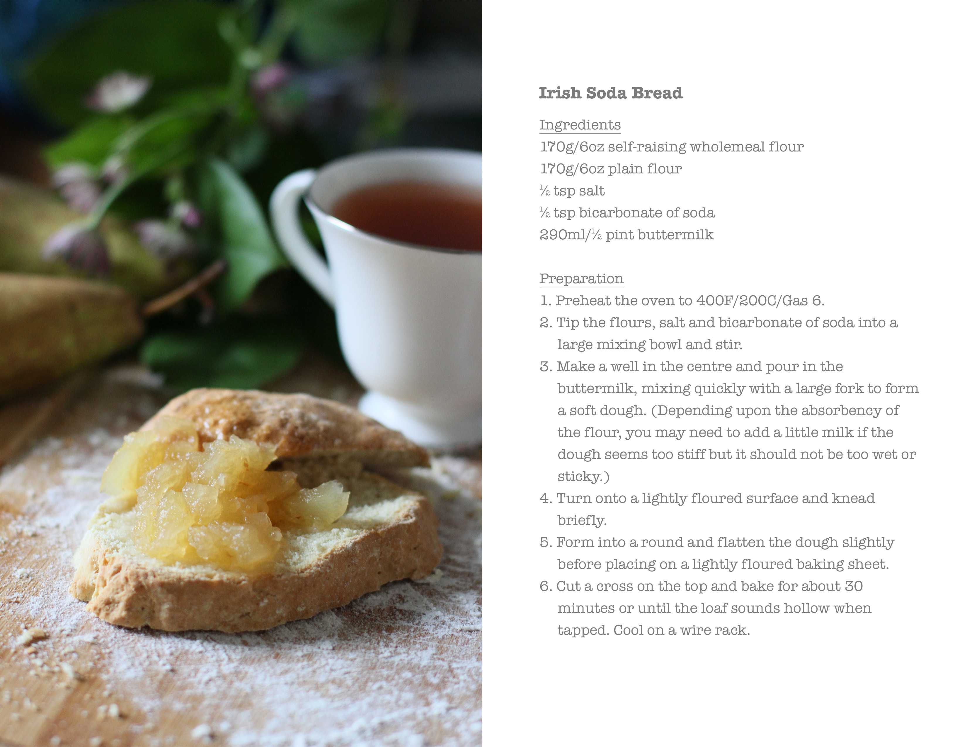 A recipe for Irish Soda Bread is on the right with a photo of toast, jam and a cup of tea on the left.