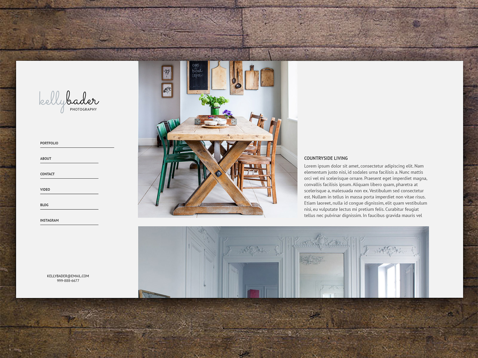 Photography portfolio with a left navigation and a collection of images in the center-right area. The portfolio image on screen is of a room with a rustic wooden table and chairs. The entire portfolio is superimposed on a wooden texture.