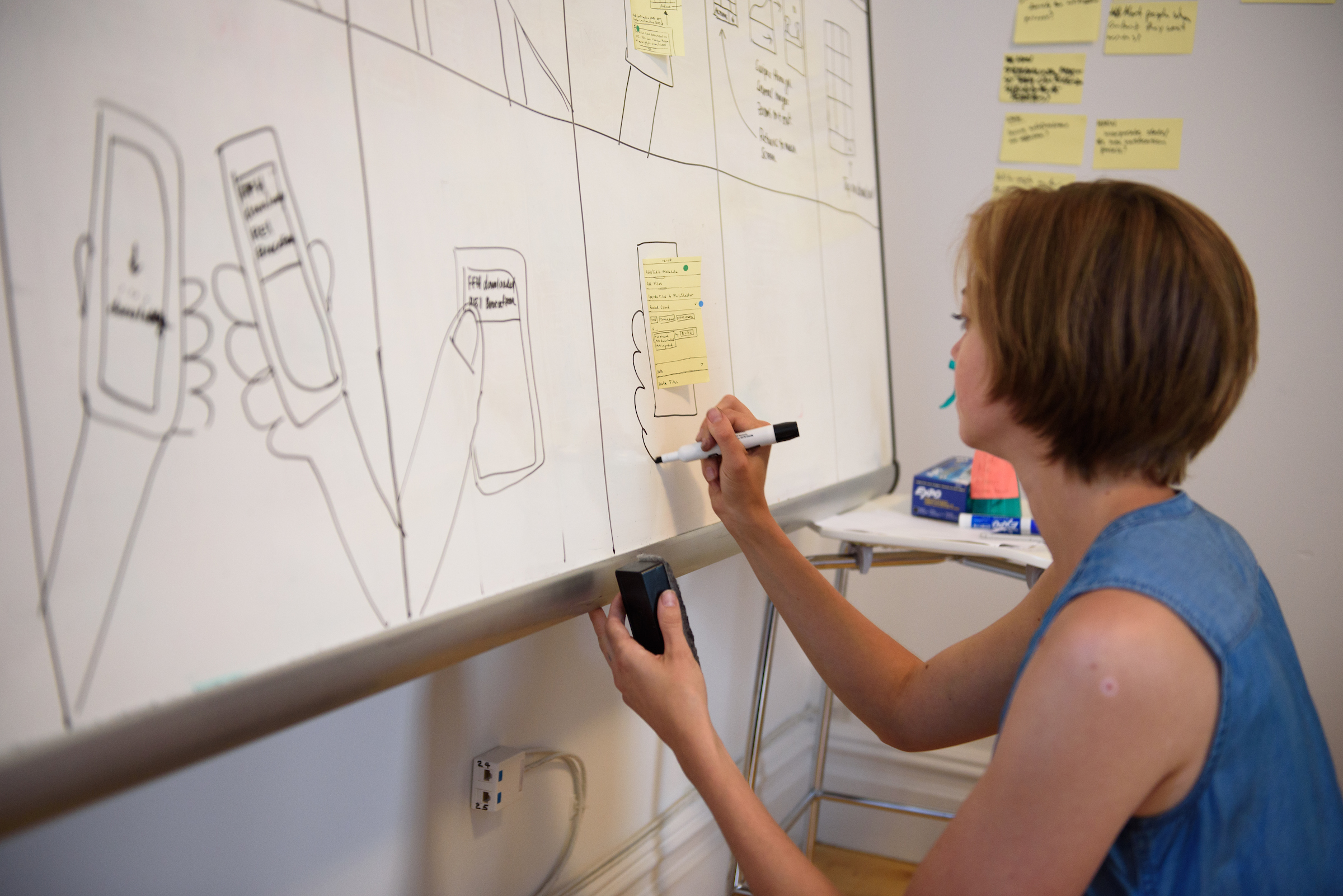 Kim Burgas drawing a hand on a whiteboard. The whiteboard is covered in storyboard illustrations and a sticky note.