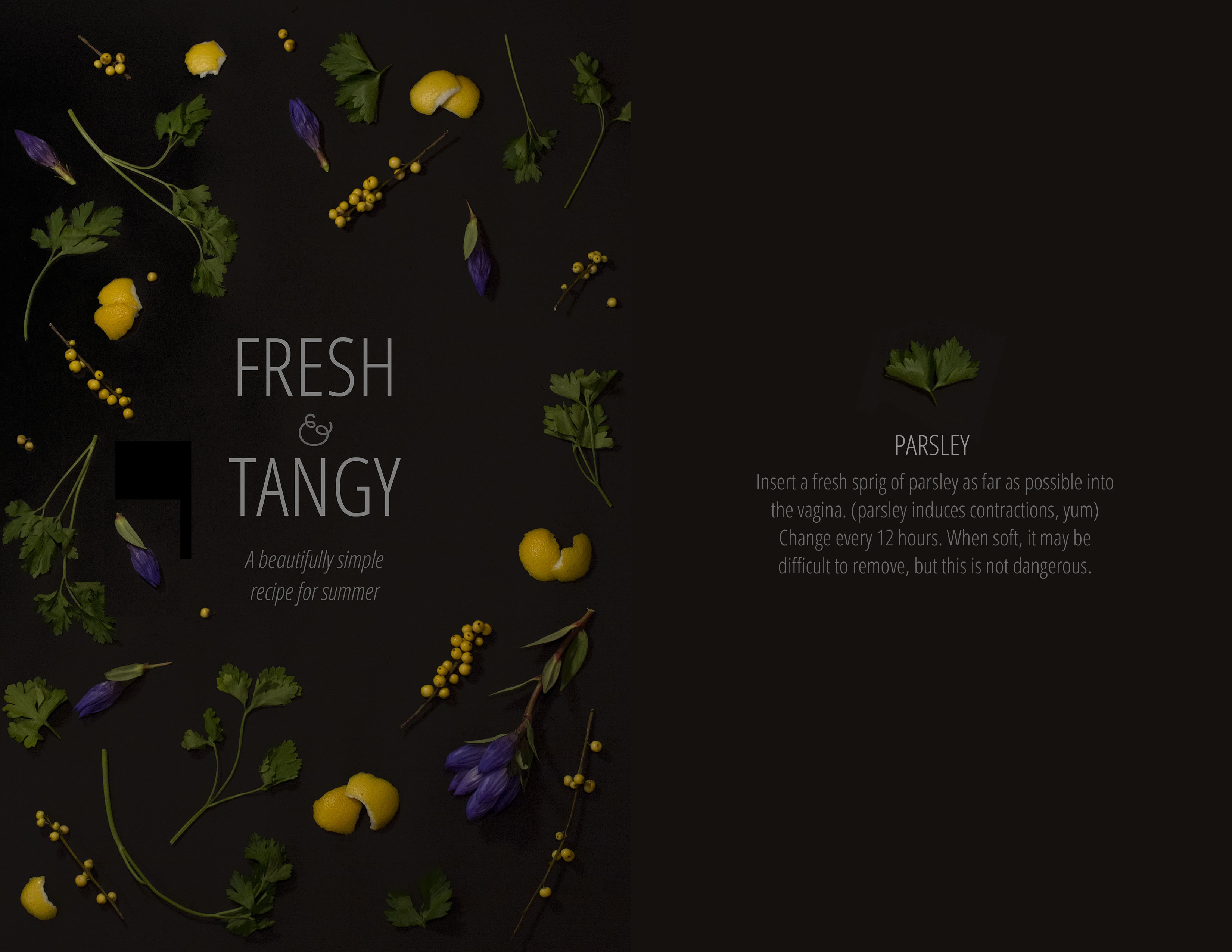 On the left is the text: Fresh & Tangy. Surrounding the text are pieces of lemon rind, parsley, purple flower buds, and yellow berries on twigs. On the right side of the spread is a single parsley leaf with text below.