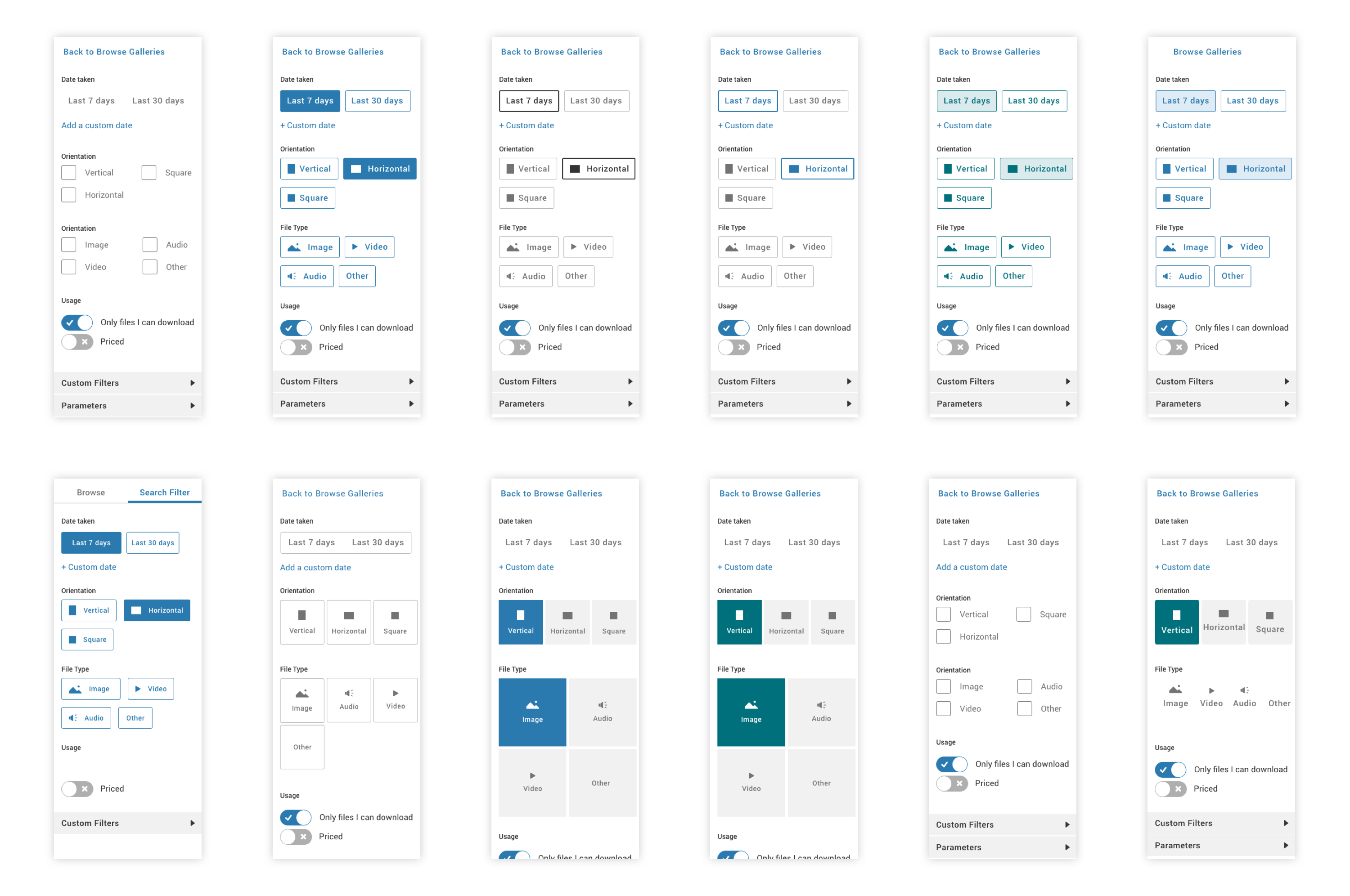 A series of 12 ideations for the filter pane. Each wireframe takes a different approach to orientation, use of color and UI implementation.