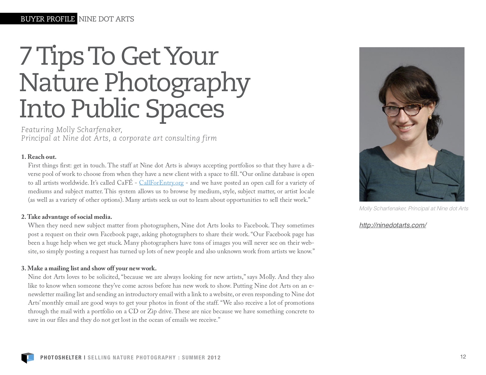 An article covering 7 tips to get your nature photography into public spaces. To the right of the article is a photo of Molly Scharfenaker.
