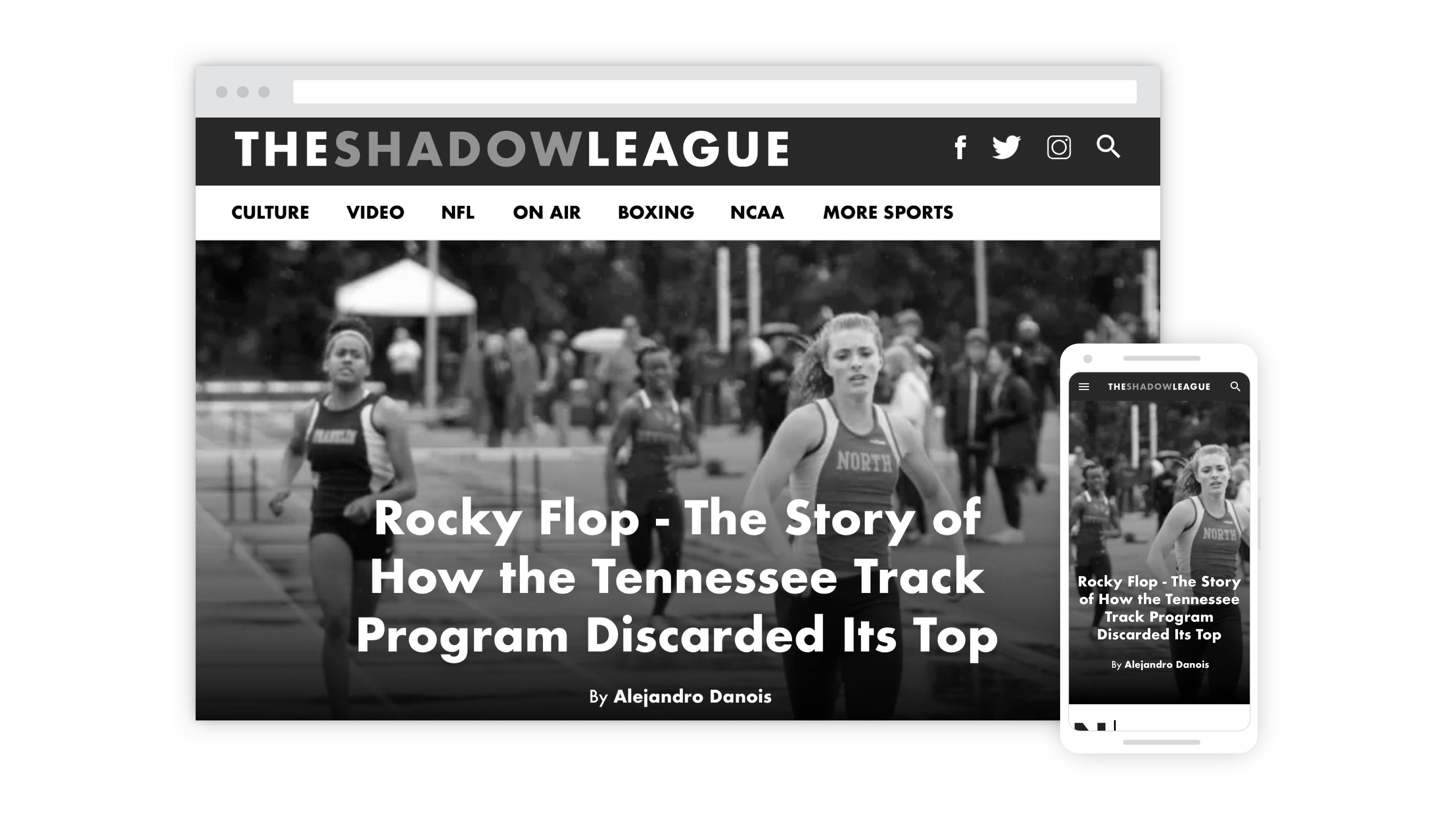 The Shadow League's longform article format on desktop and mobile.