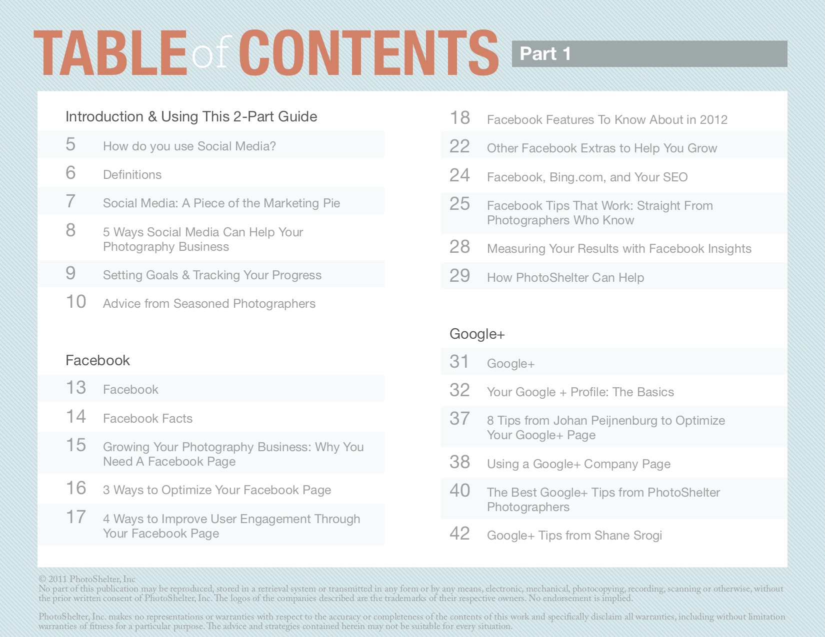 Table of Contents, broken down into sections: Introduction & Using This 2-Part Guide, Facebook and Google+.